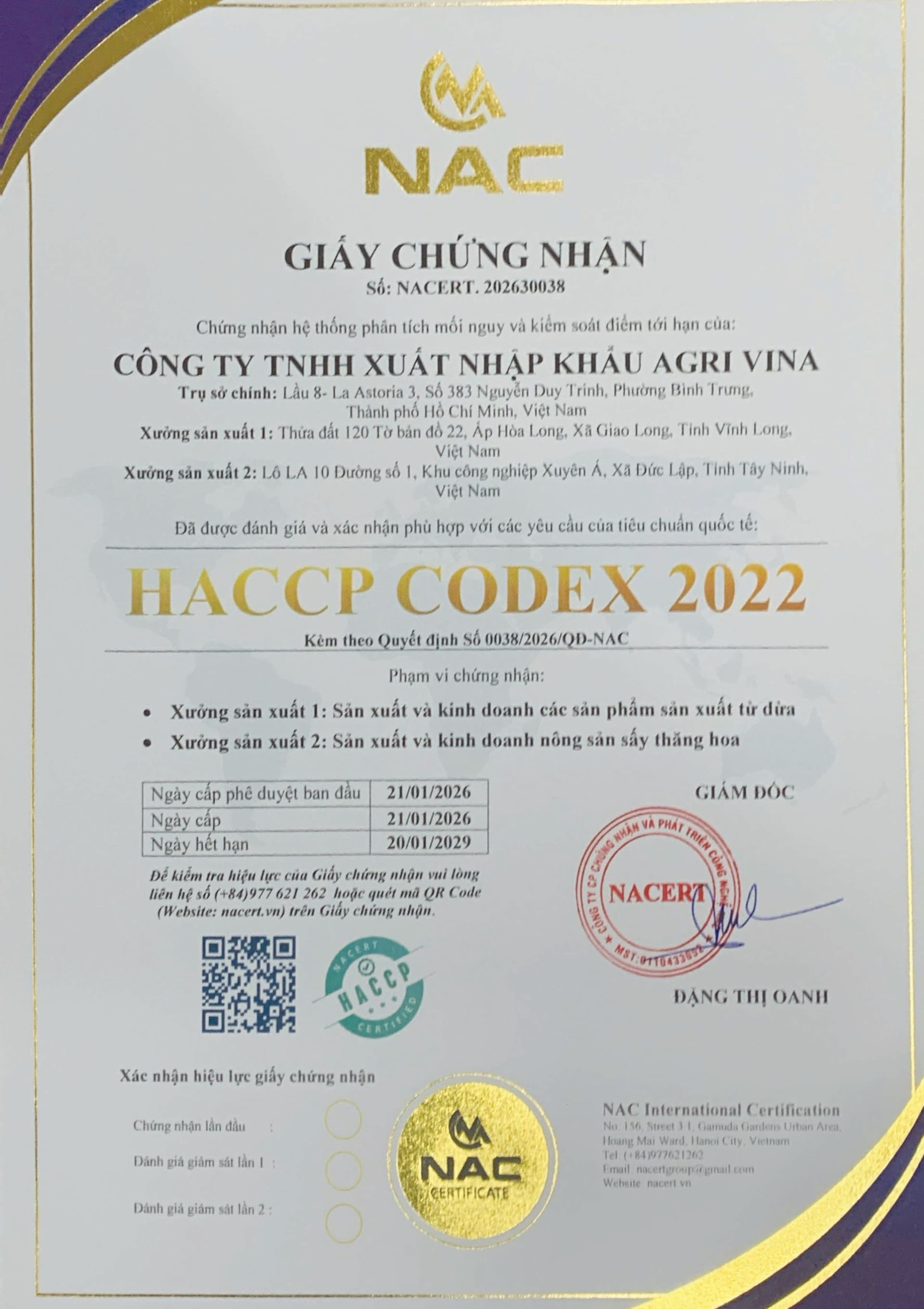 Giấy chứng nhận HACCP CODEX 2022 của AGRI VINA