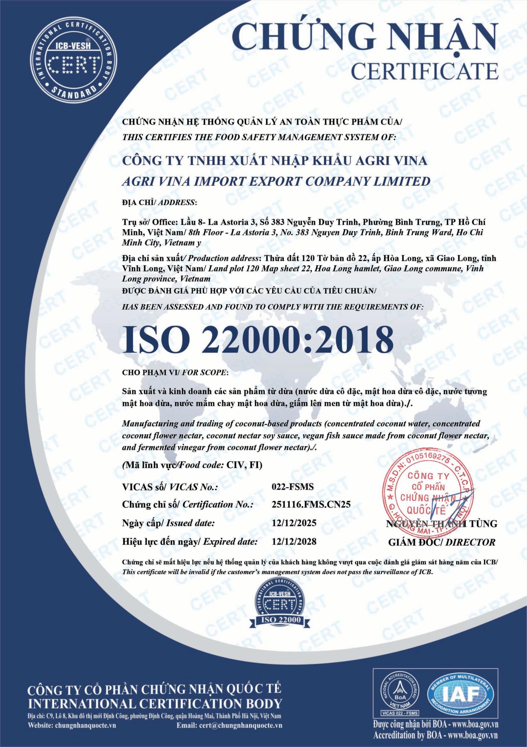 Giấy chứng nhận ISO 22000:2018 của AGRI VINA