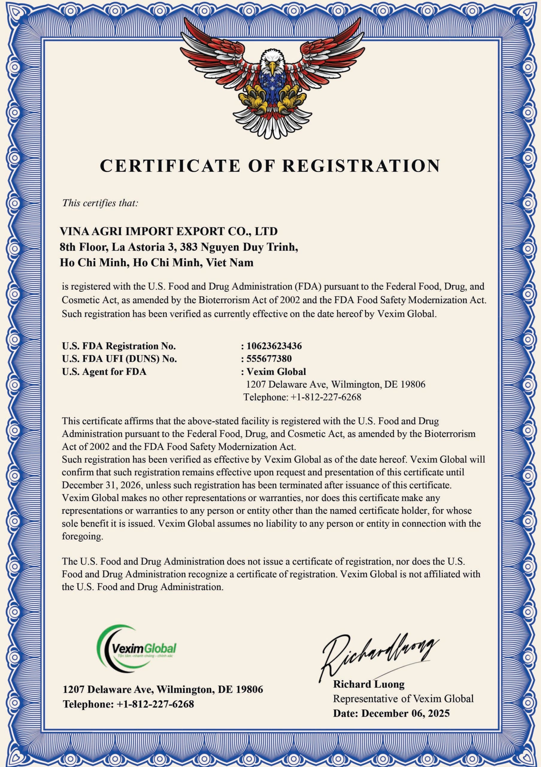 Giấy chứng nhận FDA Hoa Kỳ của AGRI VINA